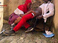 I distracted the senior with my wet pussy and fucked his big cock outside