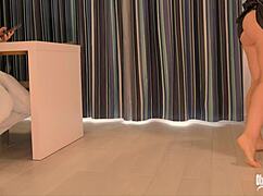 Big ass stepmom fucks her stepson in the kitchen after seeing his big boner?