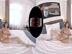 Shaved brunette babe explores virtual taboo with big tits and ass. 😏