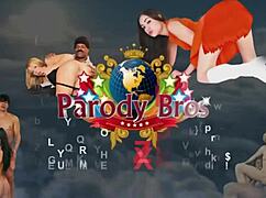 Vintage pornstar pounds blonde slut's pussy in retro parody comedy.