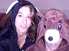 Pajama sex with costumes on the sofa