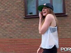 Samantha Bentley in solo action, flashing her big natural tits in public