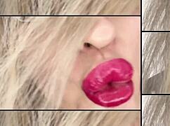 Beautiful woman with glasses and lingerie gets lips kissed
