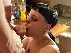 Watch this skinny bitch suck cock with dirty talk for a quick bukkake cumshot