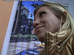 Blonde cutie gets picked up for a public fuck video, cash in hand for scene 1