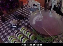 A father-in-law seduces and has sex with his stepdaughter who is wearing a mask