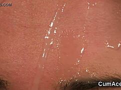 Hot babe receives cum shots on her face, swallowing every drop in this extreme blowbang.