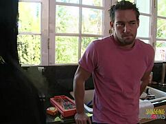 Damn! Brunette milf got so horny watching plumber she jumped him in kitchen for hot fuck!