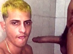 Gay gloryhole action with a big black cock lover