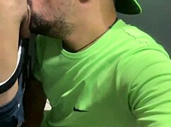 that well-endowed guy giving a blowjob in the bathroom, almost getting caught with sheer clothes on.