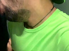 that well-endowed guy giving a blowjob in the bathroom, almost getting caught with sheer clothes on.