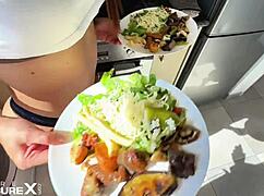 perfect latina teen in calvins makes him finish while cooking