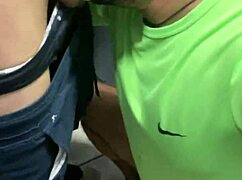 that well-endowed guy giving a blowjob in the bathroom, almost getting caught with sheer clothes on.