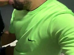 that well-endowed guy giving a blowjob in the bathroom, almost getting caught with sheer clothes on.