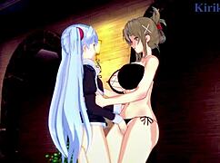 Hentai page featuring intense lesbian scenes and big tits
