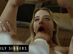 naughty kenna james craves stepdad stirling’s big cock in bed. can he resist her shaved pussy doggystyle?