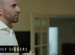 naughty kenna james craves stepdad stirling’s big cock in bed. can he resist her shaved pussy doggystyle?