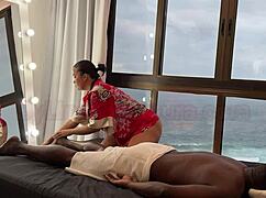 a skilled asian masseuse, lina nakamura, gives a relaxing massage to a hung black man who couldn’t hold back and creampied her latina pussy outdoors.