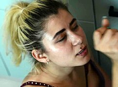 So, this blonde teen just gave a sneaky blowjob in the kitchen.