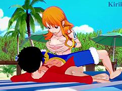 Nami、Nefertari Vivi和Monkey D Luffy在一片野性One Piece Hentai中