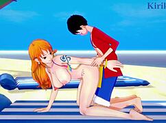 Nami、Nefertari Vivi和Monkey D Luffy在一片野性One Piece Hentai中