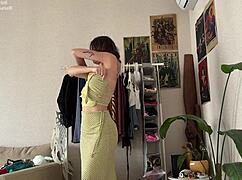 See how dresses and skirts fit a plus size brunette with natural big breasts