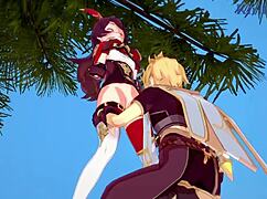 amber和fischl与amy和aether在狂野3D色情中。激烈18+少女内射性爱在原神动漫。