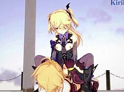 amber和fischl与amy和aether在狂野3D色情中。激烈18+少女内射性爱在原神动漫。