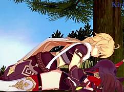 amber和fischl与amy和aether在狂野3D色情中。激烈18+少女内射性爱在原神动漫。