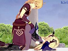 amber和fischl与amy和aether在狂野3D色情中。激烈18+少女内射性爱在原神动漫。