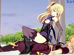 amber和fischl与amy和aether在狂野3D色情中。激烈18+少女内射性爱在原神动漫。