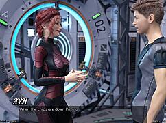 3D cartoon of Asian MILF in space, enjoying big tits