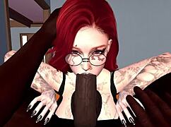 Black man in Second Life bangs redhead white woman on chair with monster cock