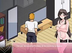 In this hentai game, he fucks his wife right in front of him, then they go to the onsen for more