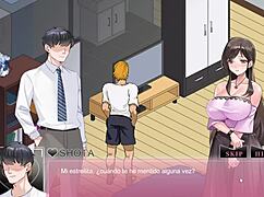 In this hentai game, he fucks his wife right in front of him, then they go to the onsen for more