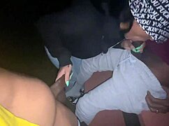 Park lizard lot slut bends over and sucks two big cocks