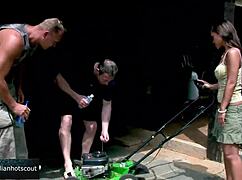 Gorgeous oriental brunette takes double penetration in garden!