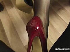 MILF in stockings performs foot job and receives cumshot on her feet.