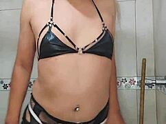 person in bathroom touching nicely and relaxing privately