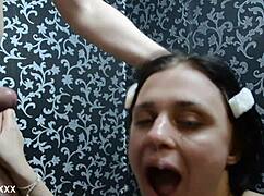 European slut gets face fucked and cum shower