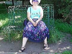 Hairy Mature Flashes in See-Through Dress Outdoors.