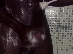 Amateur solo masturbation with monster cock in homemade shower bathing scene