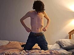 Skinny girl tries pillow humping for the first time, reaching orgasm through solo masturbation.