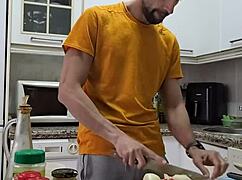 Watch me cook, strip, jerk off, and cum on food!