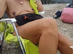 Nippleringlover kinky mother flashing pierced pussy and pierced nipples at public beach compilation