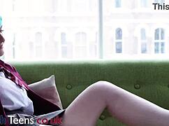 Hot British student plays with her huge tits and pussy.