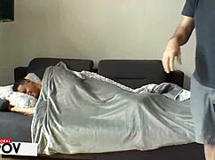 Clueless husband Porno Dan naps while wife Zuzu rides a huge cock for a creampie.