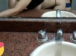 Quick fuck in the university bathroom with a latina couple's creampie orgasm