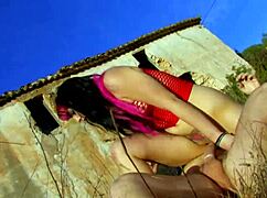 slutty girl rides cock outdoor in fishnets