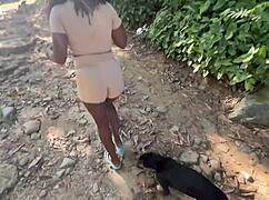 ebony teen's flashing her tight pussy at the waterfall in public, so hot! 🔥